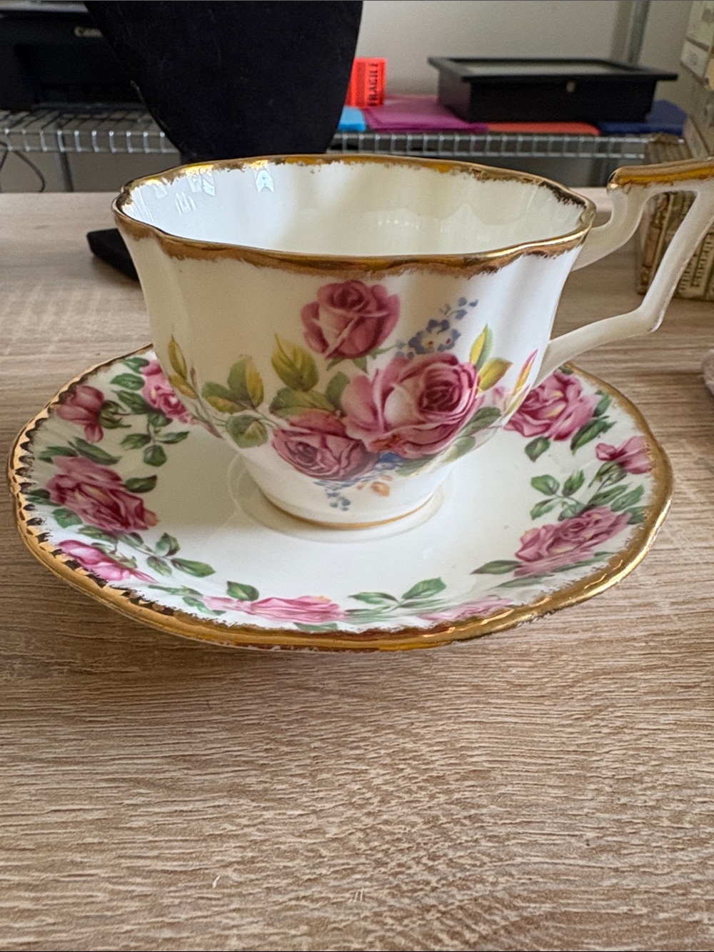 Salisbury bridal spray, England, porcelain teacup and saucer set